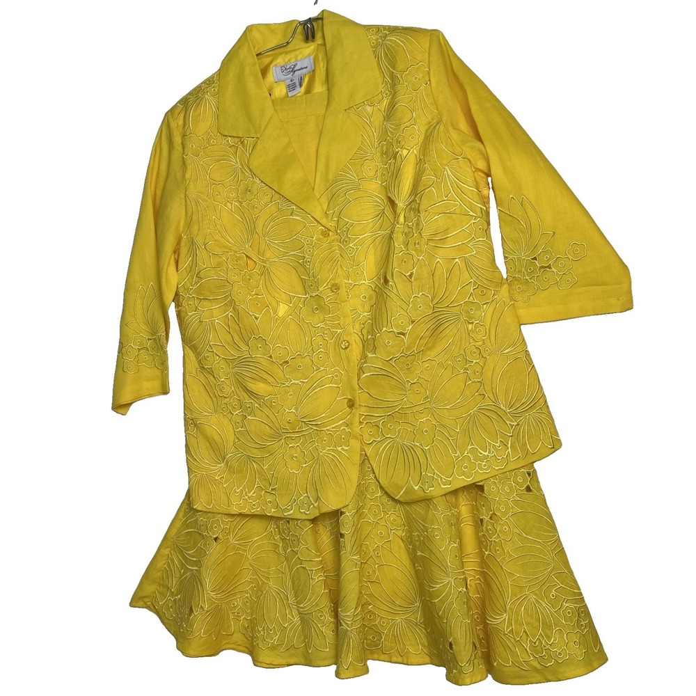 EY Signature Women's Sz Large Yellow 2 Piece Skirt Suit Set Linen